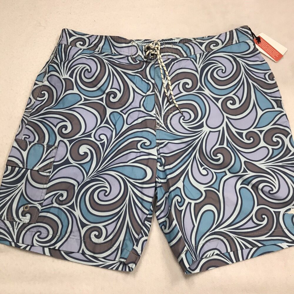 NWT TOMMY BAHAMA Relax Lined Cargo Swim Trunk Men XL 38W Blue Graphic Wave Print